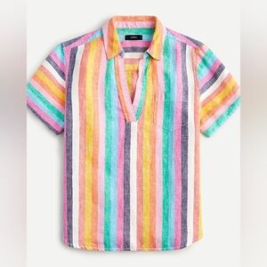 J Crew Women's Short Sleeve Linen Popover Top in Rainbow Stripe